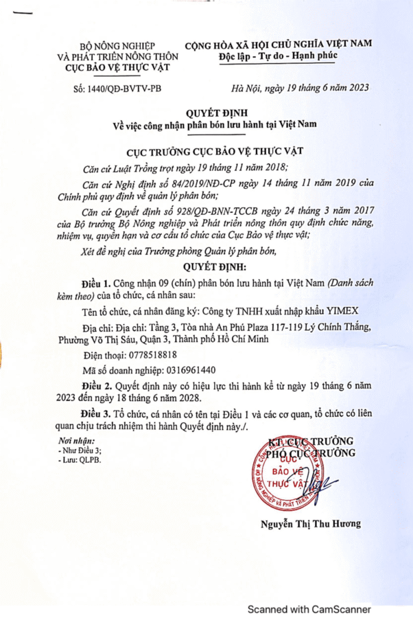 Quyết định công nhận phân bón lưu hành tại Việt Nam
