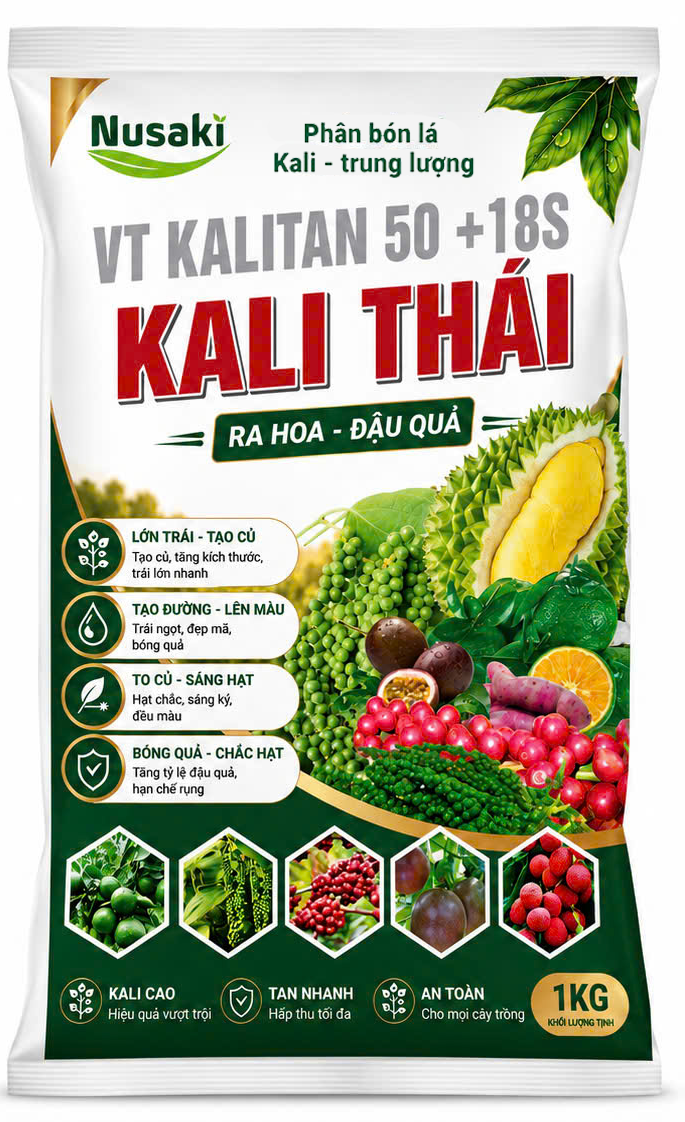 Kali trắng cho sầu riêng — Kali Thái Nusaki K₂SO₄ không clo, sản xuất tại nhà máy Yimex