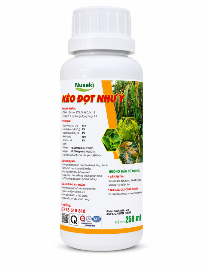 chai phân bón kéo đọt Nusaki Kéo Đọt Như Ý 250ml, thành phần kẽm magie fulvic amino