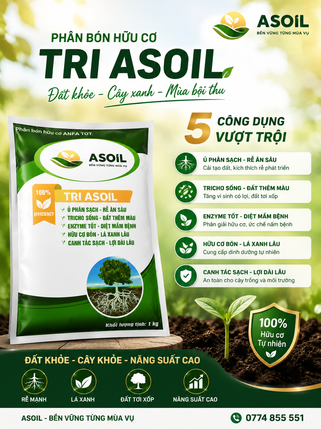 TRI ASOIL phân bón hữu cơ Trichoderma túi 1kg ANFA TOT - 5 công dụng