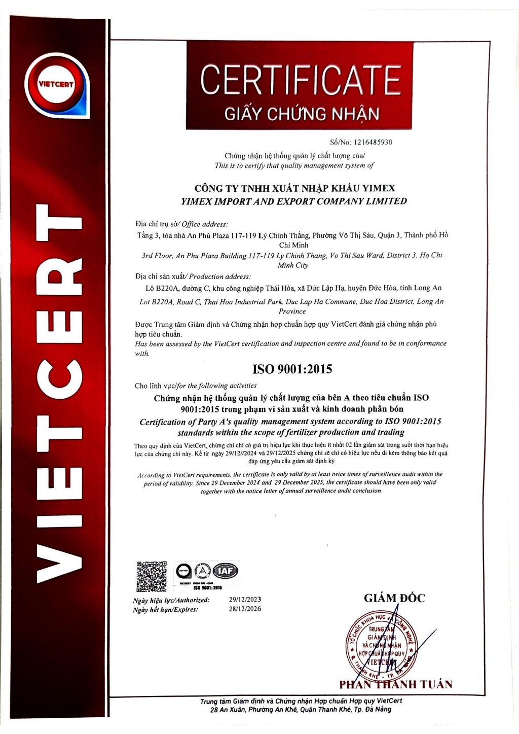 Giấy chứng nhận ISO 9001:2015 Yimex