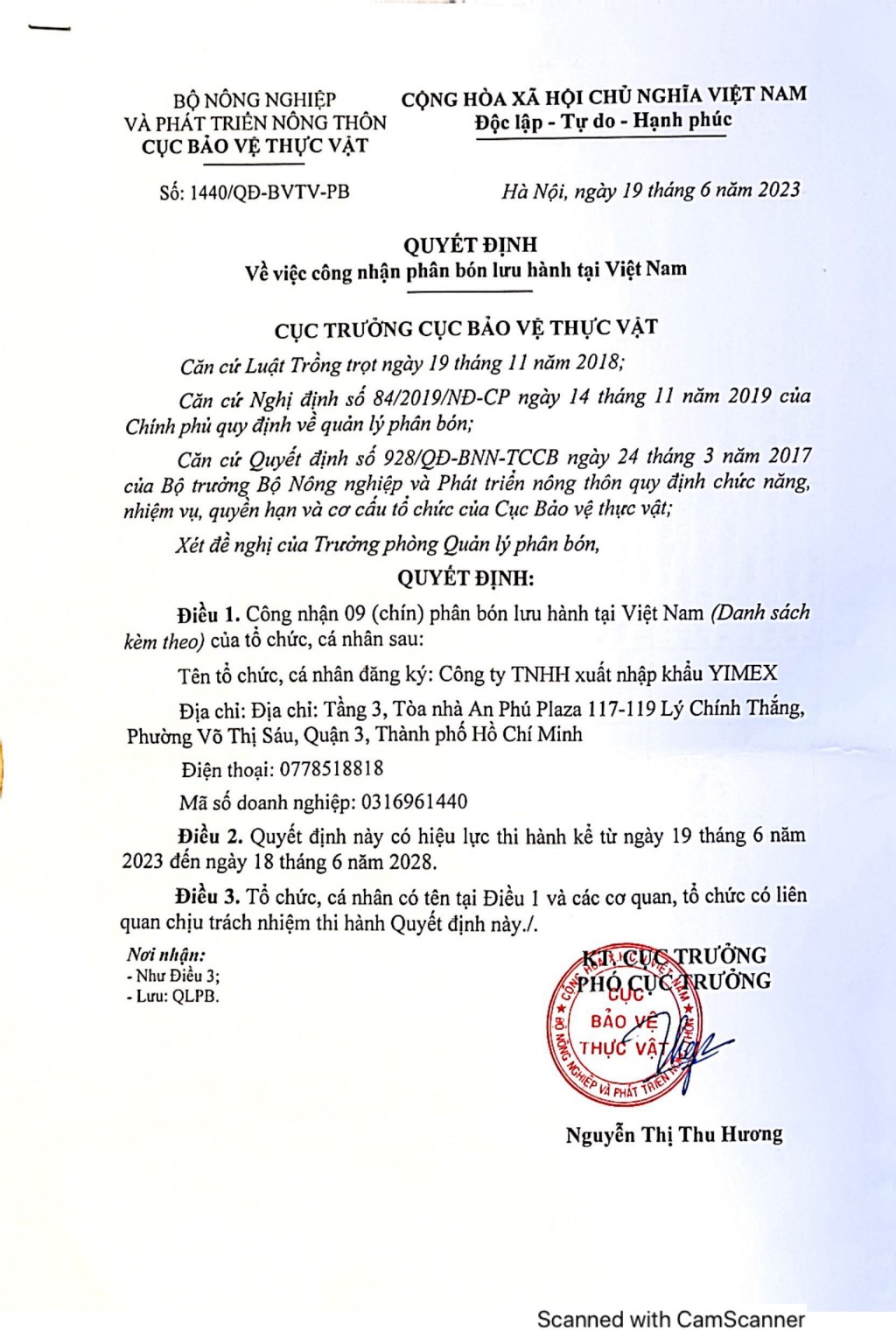 Quyết định công nhận 9 sản phẩm phân bón lưu hành Yimex