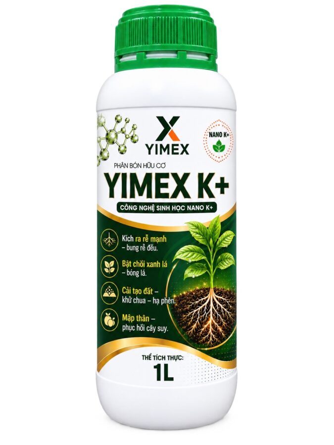 Chai phân bón hữu cơ YIMEX K+ 1L dùng tưới gốc, cải tạo đất và kích rễ tơ