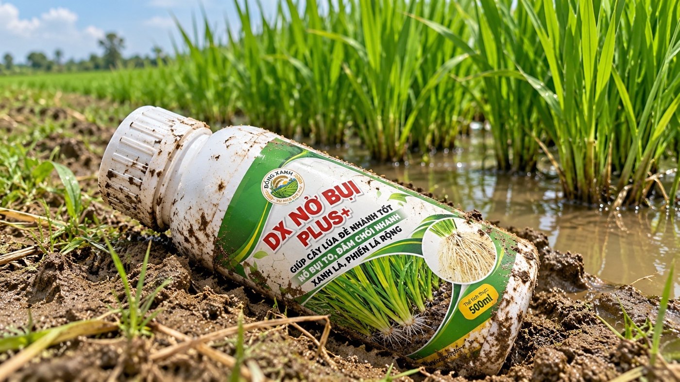 DX Nở Bụi Plus phân bón hữu cơ bón rễ cho lúa trên ruộng