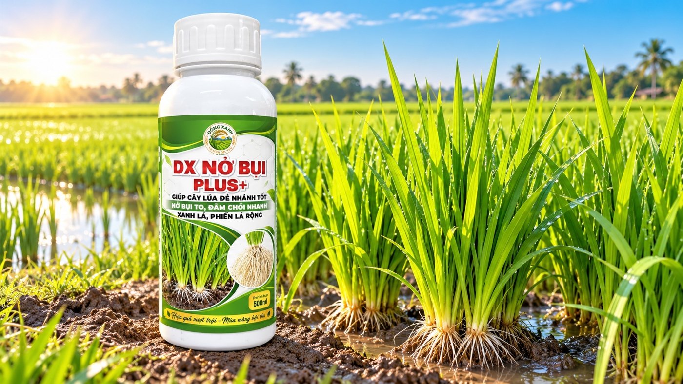 DX Nở Bụi Plus bên ruộng lúa đẻ nhánh, bộ rễ trắng khỏe