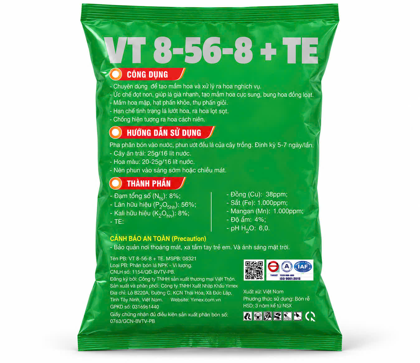 Nhãn mặt sau phân bón 10-60-10 NS Nusaki ghi thành phần VT 8-56-8 + TE, mã số phân bón 08321