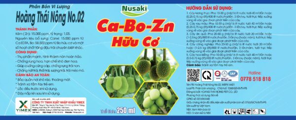Nhãn phân bón vi lượng Ca-Bo-Zn Hữu Cơ Nusaki ghi thành phần Kẽm 15.000ppm, Canxi 15.000ppm, Bo 58.500ppm và hướng dẫn bón rễ