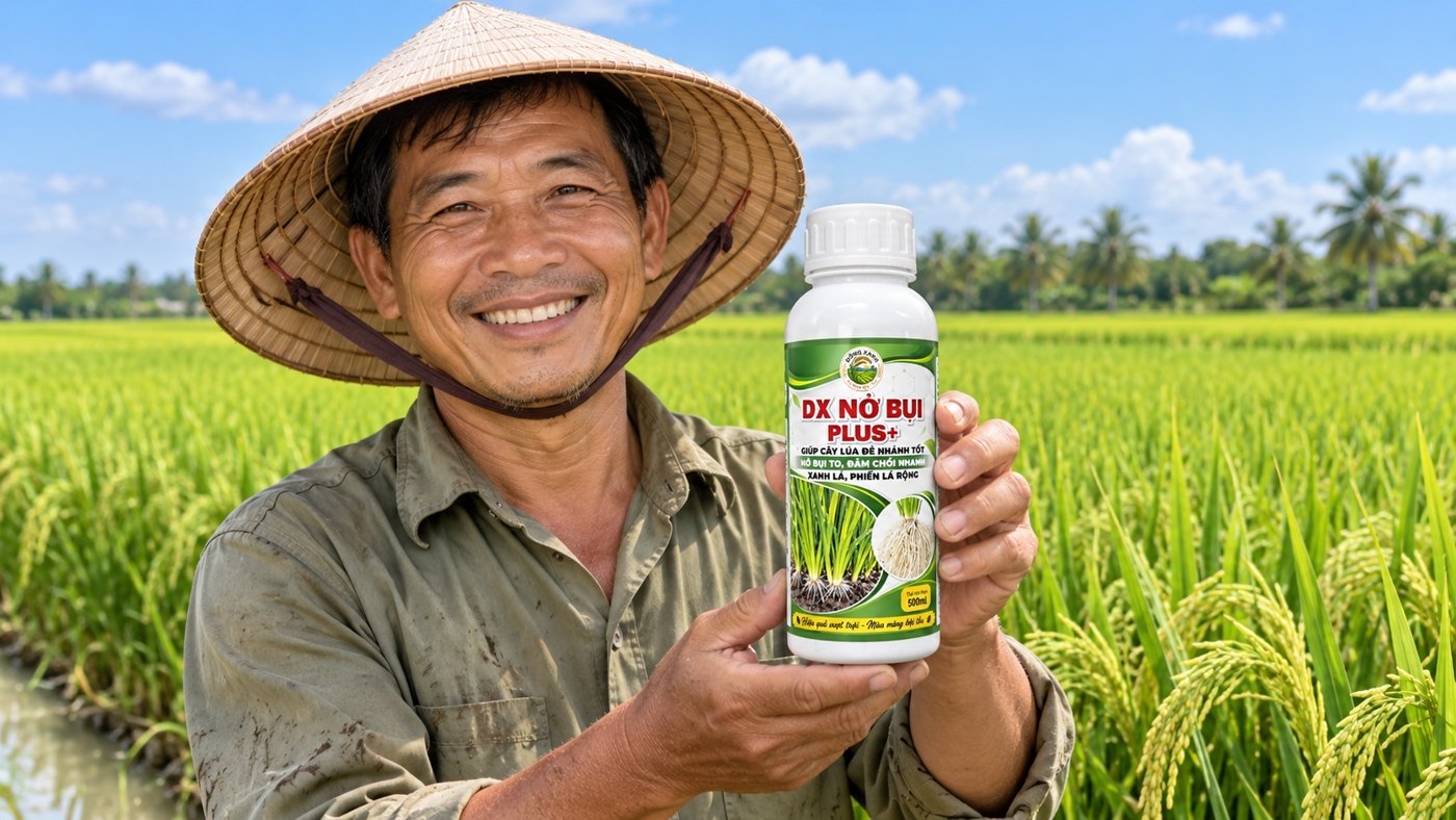Bà con trồng lúa cầm chai DX Nở Bụi Plus giữa ruộng lúa nở bụi