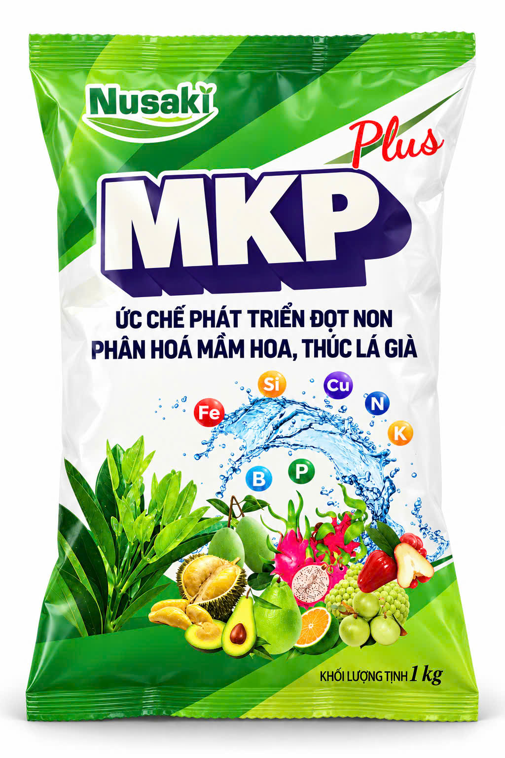 Phân bón MKP Plus Nusaki gói 1kg ức chế đọt non, phân hóa mầm hoa, thúc lá già