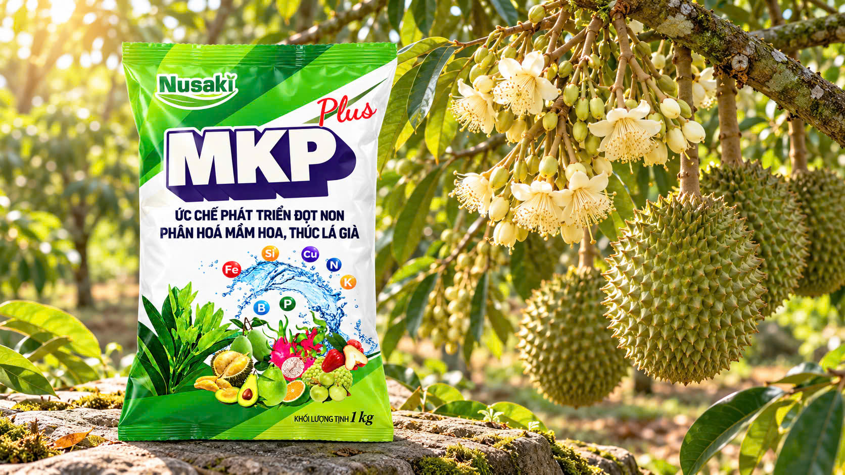 MKP Plus Nusaki tại vườn sầu riêng đang ra hoa và mang trái